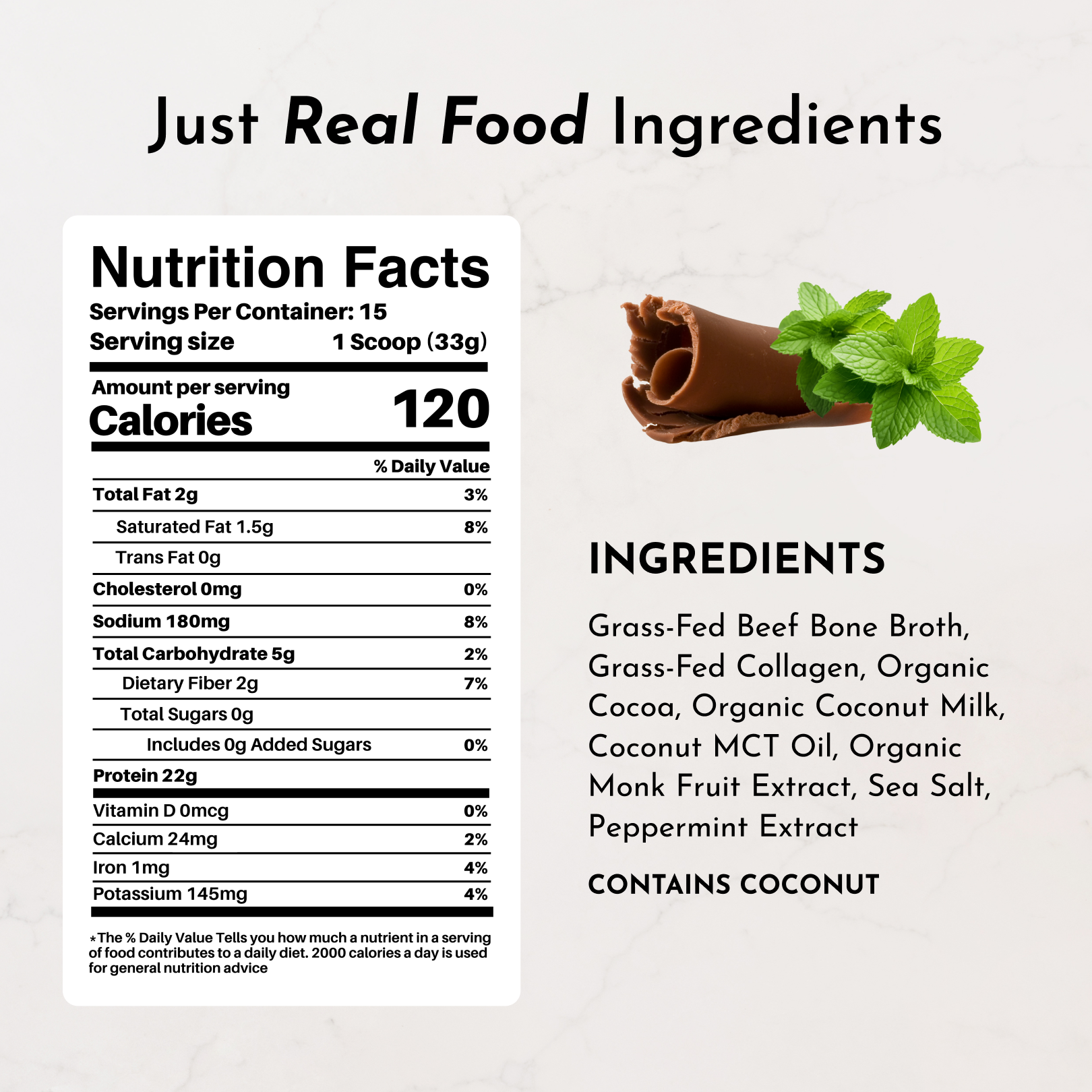 Nutrition facts label and ingredients list for a product with a scoop of chocolate and mint on a light background.
