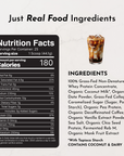 Brown powder with nutrition facts label, ingredients list, and iced caramel latte beverage shown on light background.