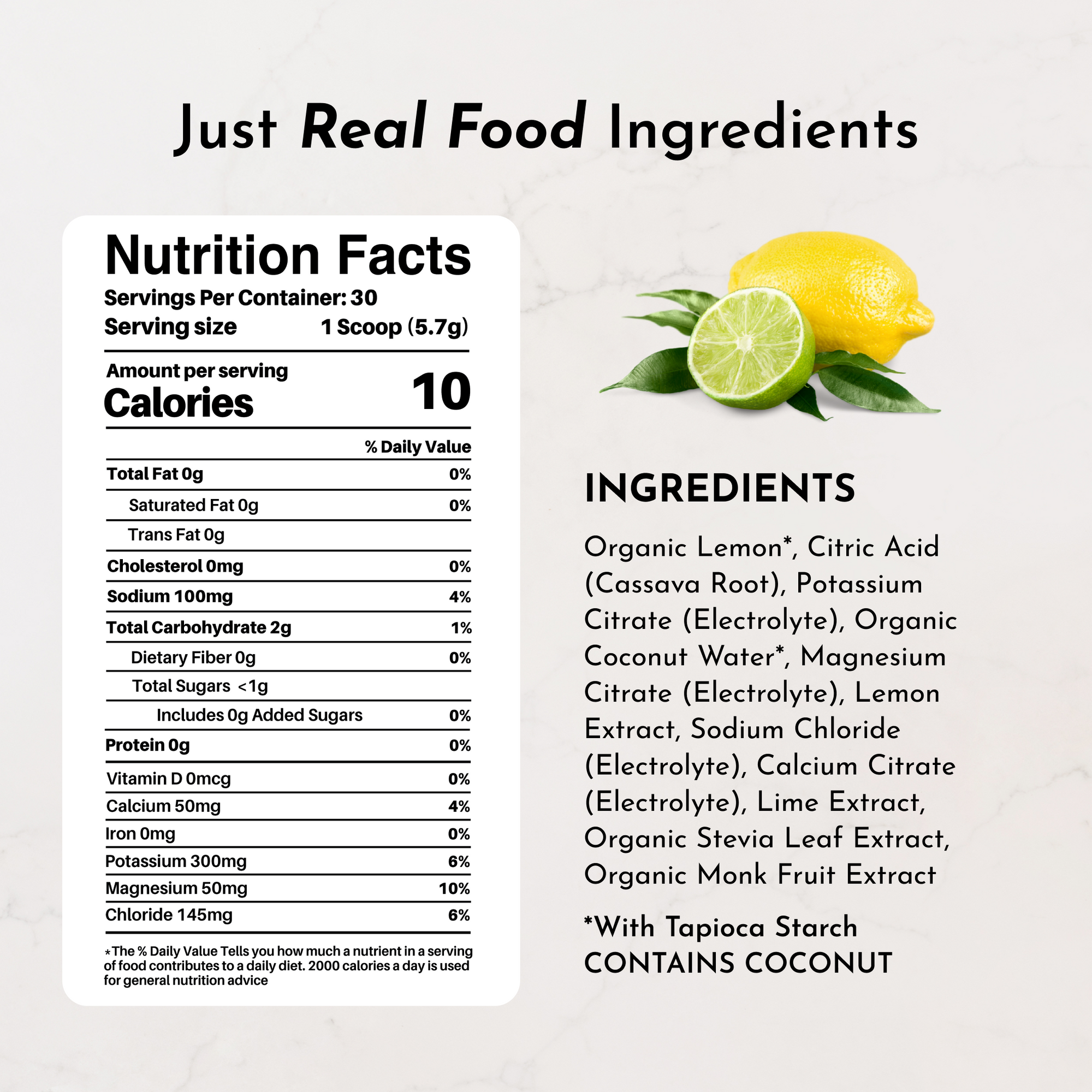 Nutrition facts label for Lemon Lime Electrolytes, detailing ingredients and serving information.
