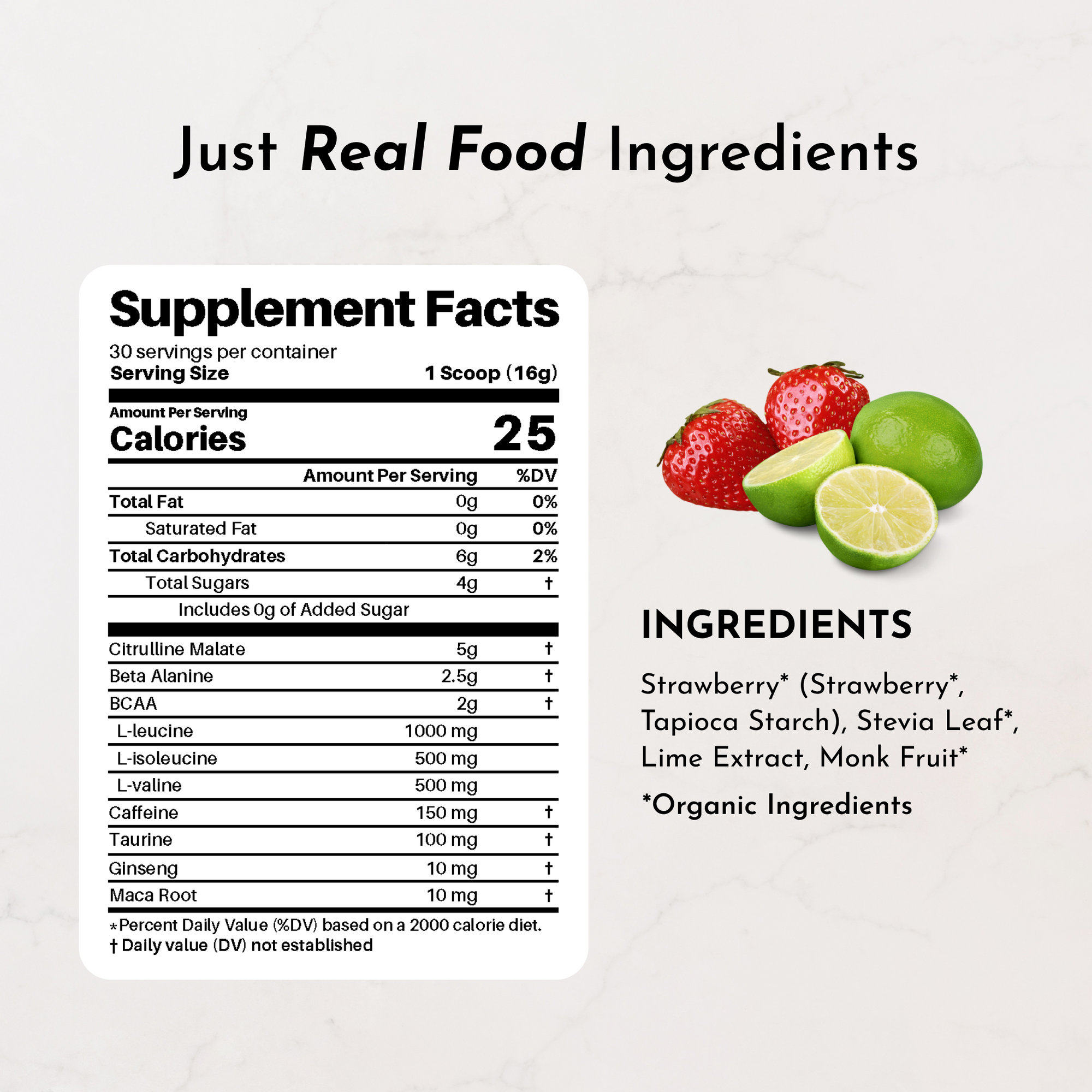 Supplement facts label detailing ingredients and nutritional information for Strawberry Limeade Pre-Workout.