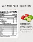 Supplement facts label detailing ingredients and nutritional information for Strawberry Limeade Pre-Workout.