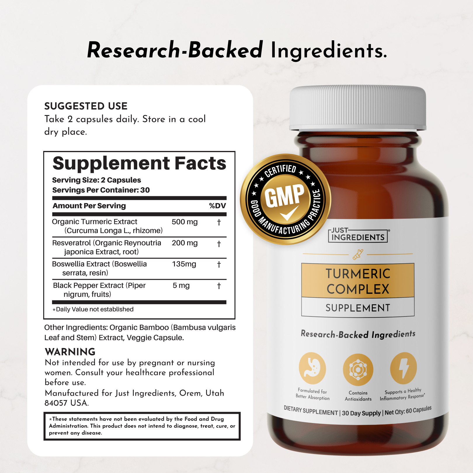 Amber glass bottle of Turmeric Complex supplement capsules with white cap, label showing ingredients and GMP certification se