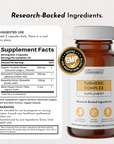 Amber glass bottle of Turmeric Complex supplement capsules with white cap, label showing ingredients and GMP certification se