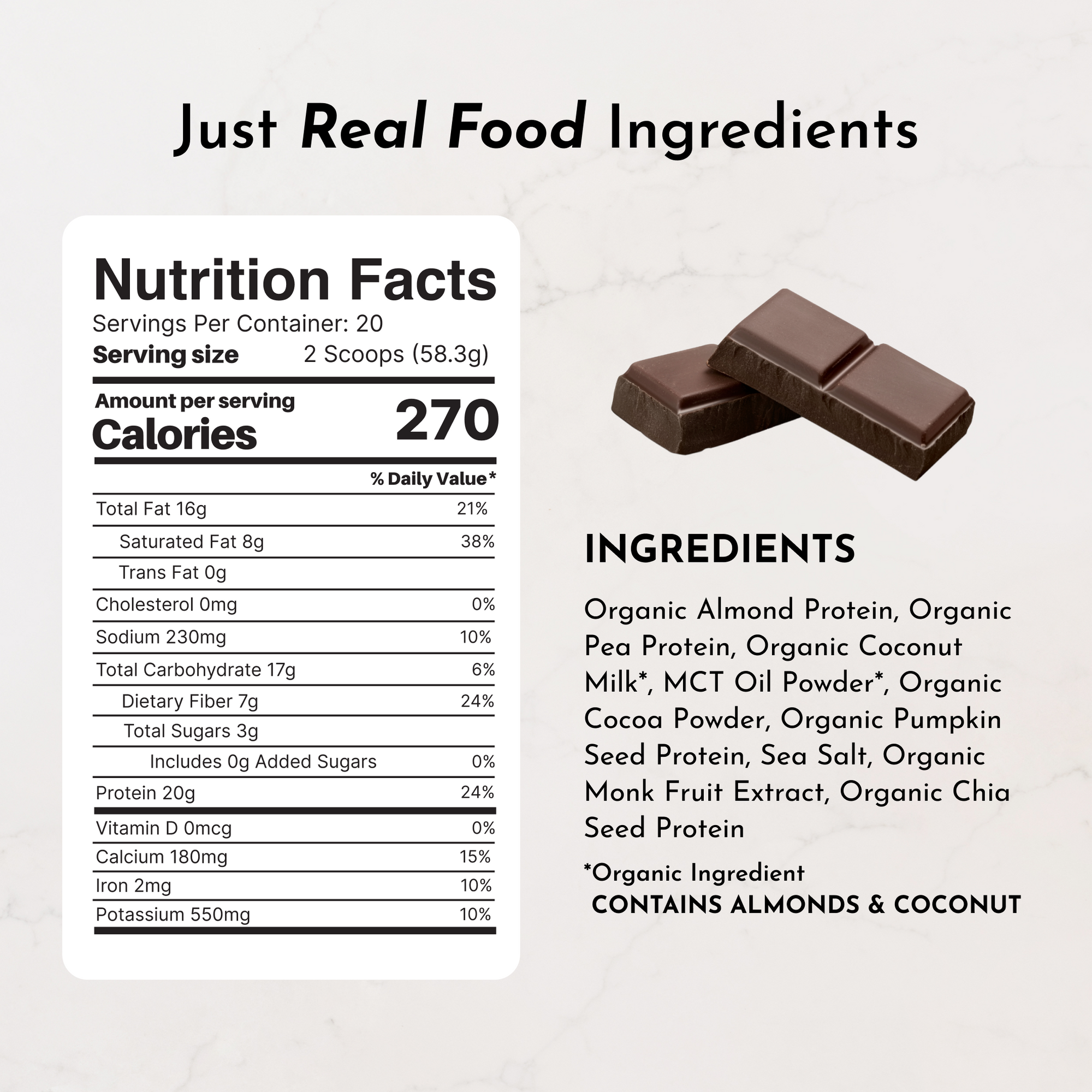 Nutritional information and ingredients list for vegan chocolate protein powder, including calories and protein content.