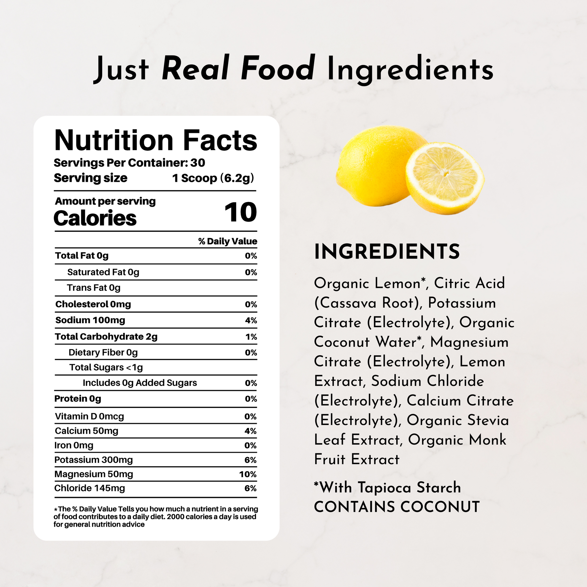 Nutrition facts label for Lemonade Electrolytes, listing ingredients and nutritional information.