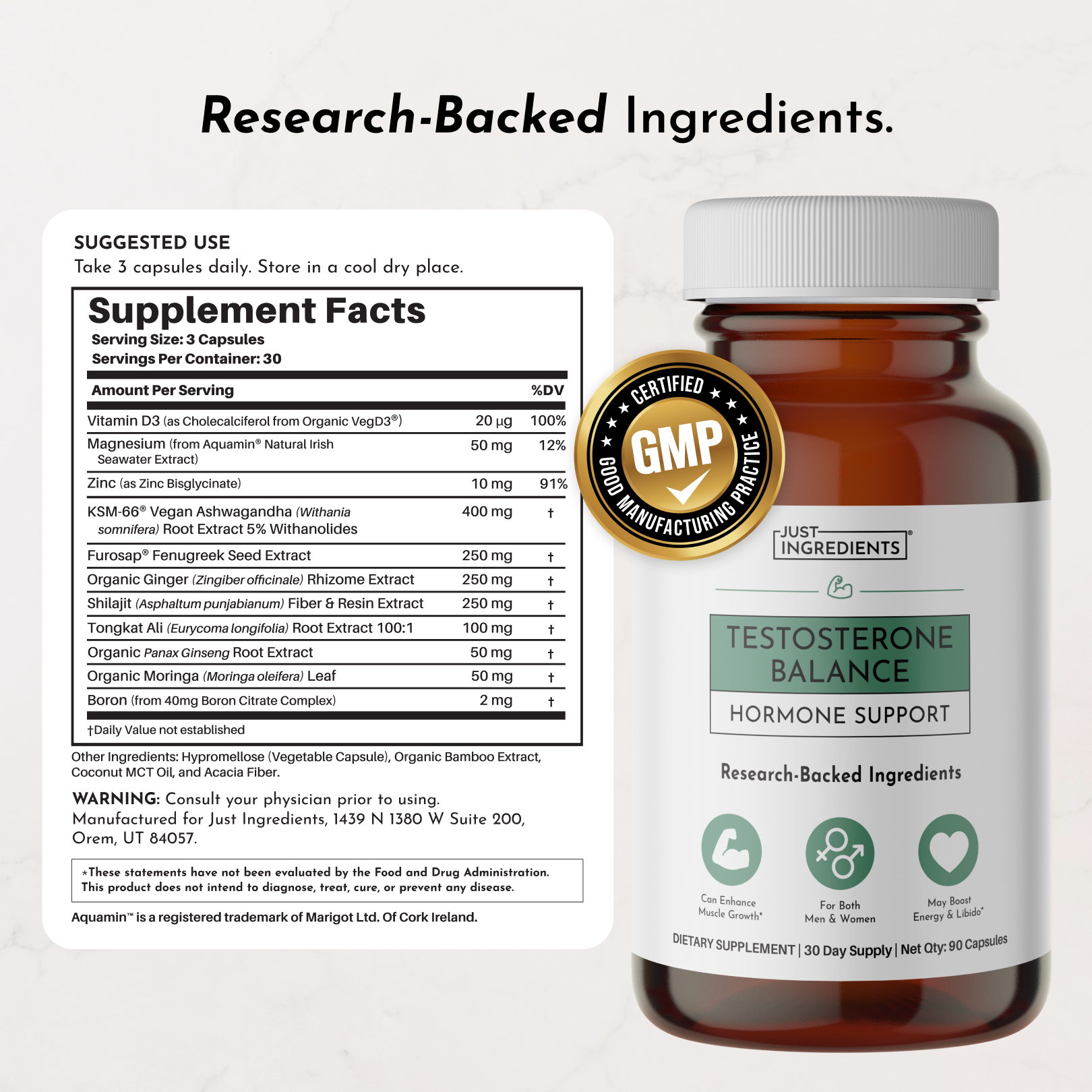 Brown glass bottle with white cap labeled "Testosterone Balance" hormone support supplement, 90 capsules, with GMP certificat