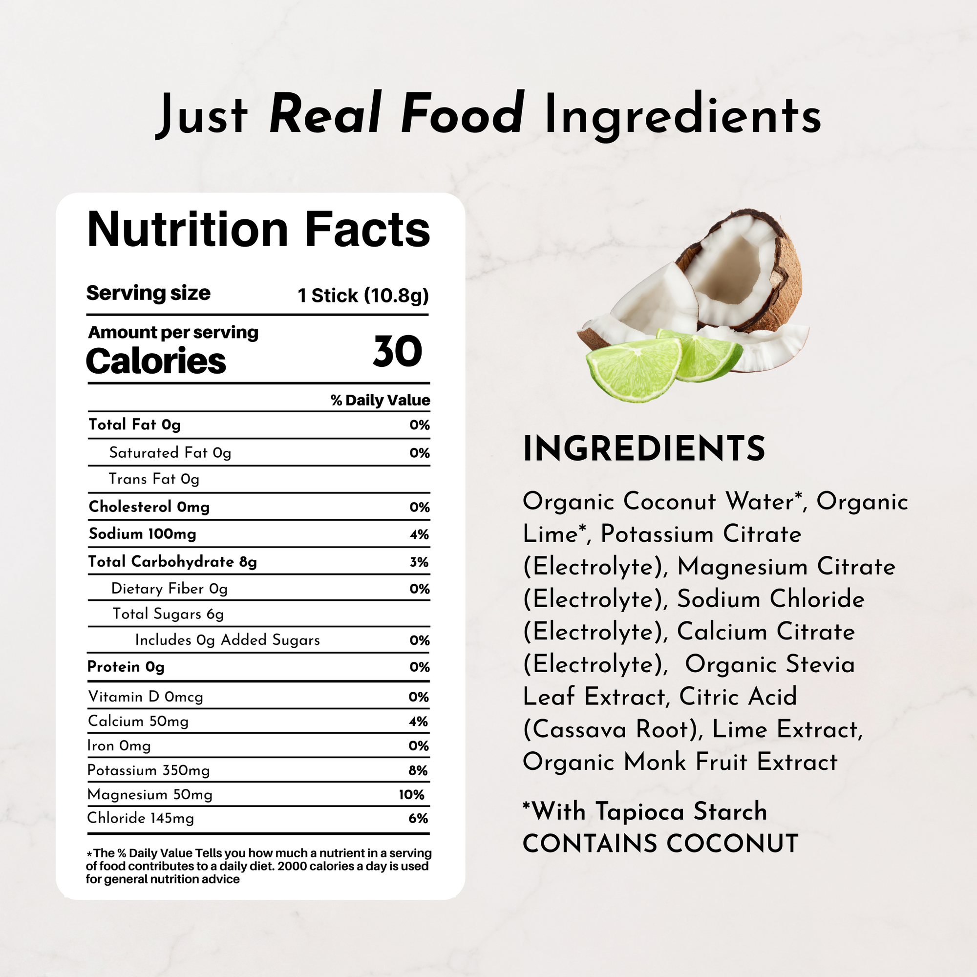 Nutrition facts label for Coconut Lime Electrolytes Stick, listing ingredients and nutritional information.