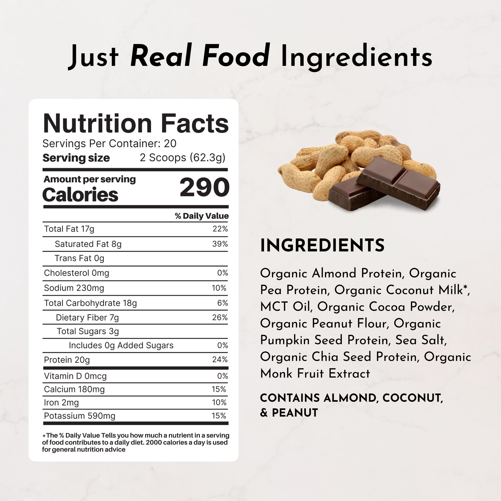 Nutrition facts and ingredients list for Vegan Peanut Butter Chocolate Protein Powder, featuring calories and nutrient breakd