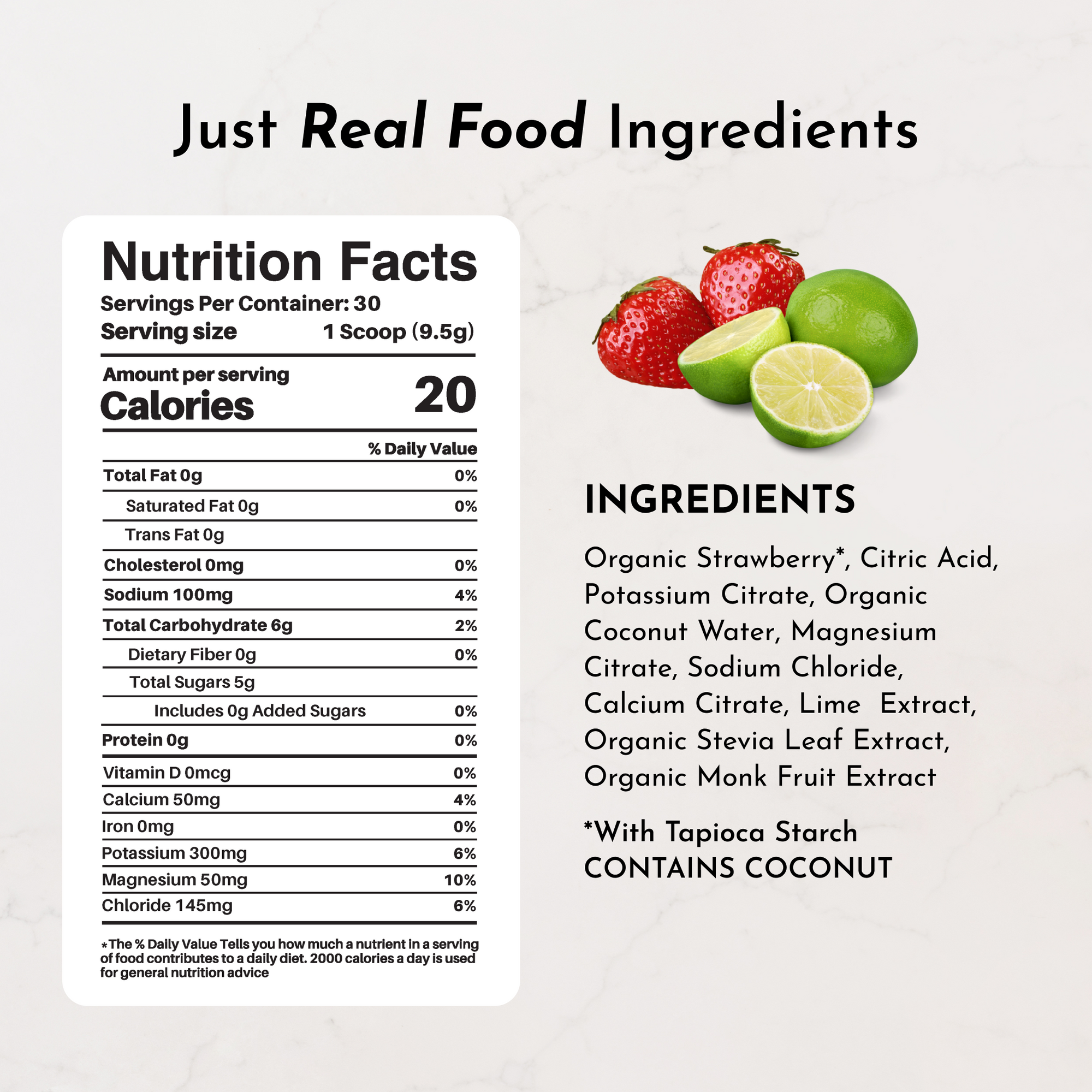 Nutrition facts label with serving details, ingredients list, and images of strawberries and limes.