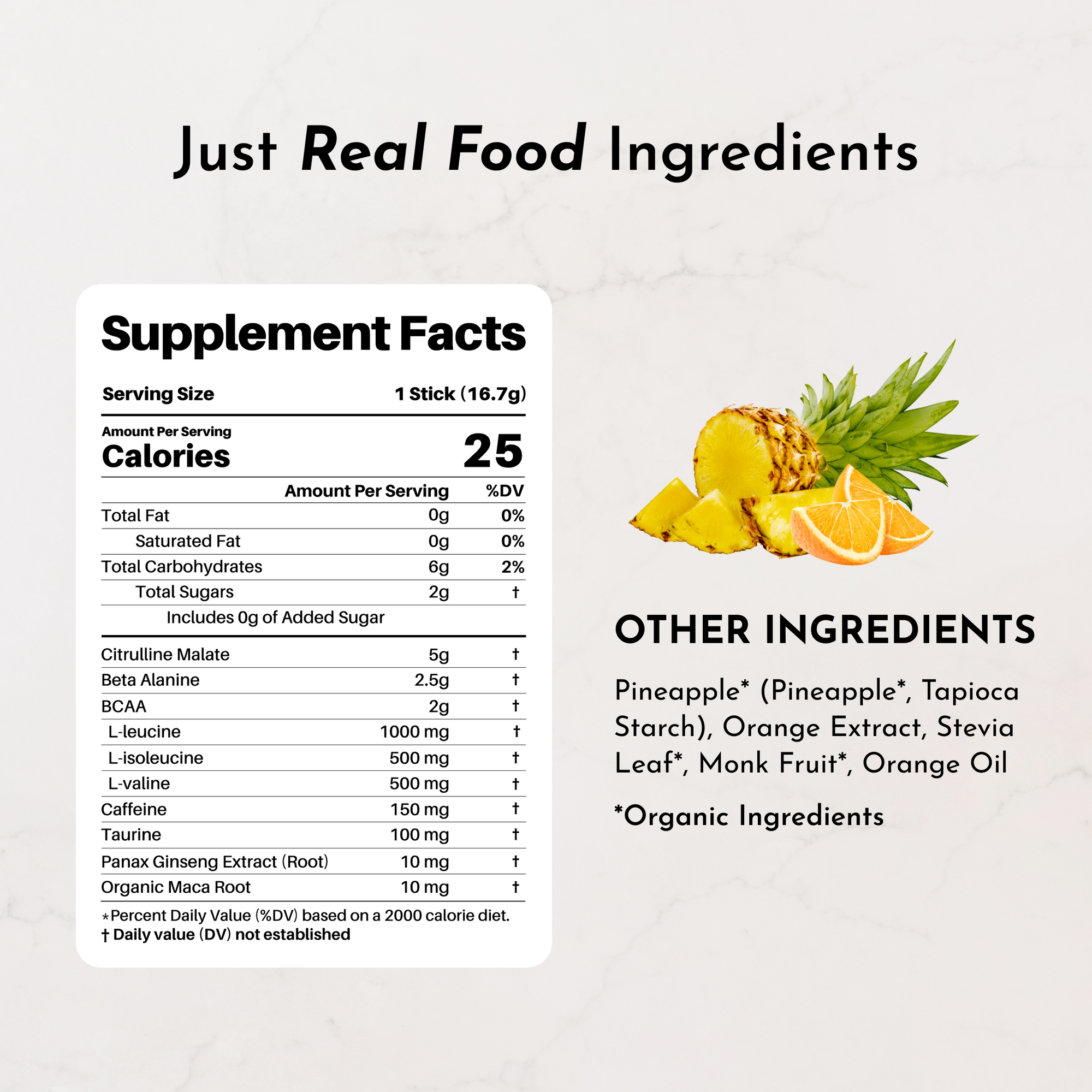 Supplement facts panel for Orange Pineapple pre-workout stick showing ingredients and nutrient details.