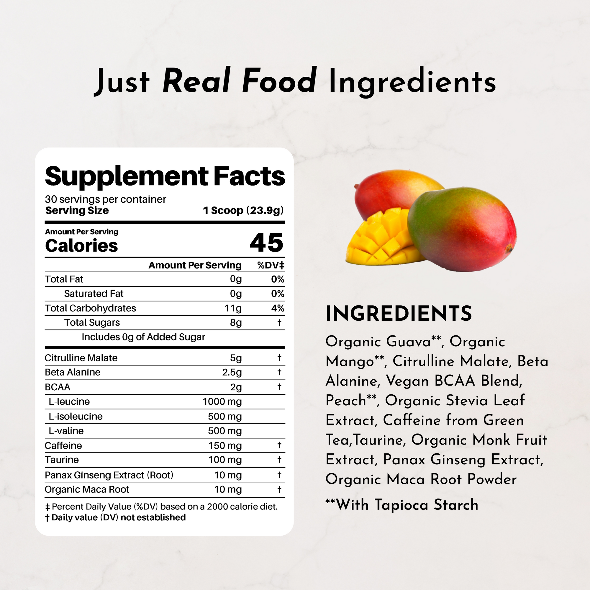 Supplement facts label with mango and guava fruit displayed alongside ingredient list on marble background.