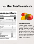 Supplement facts label with mango and guava fruit displayed alongside ingredient list on marble background.