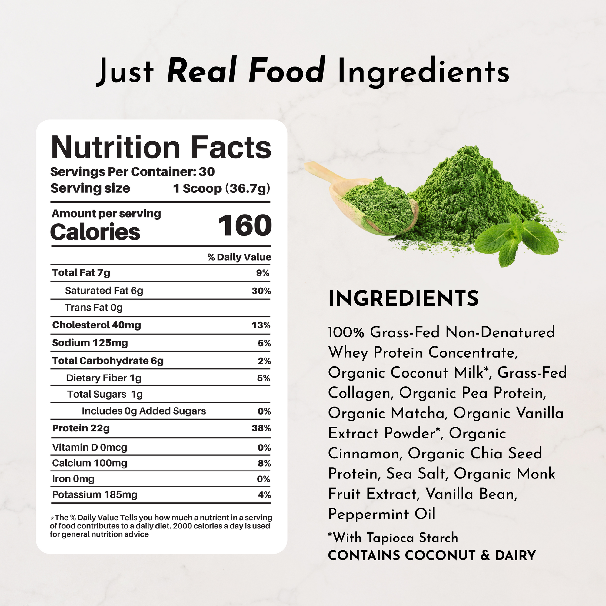 Green matcha powder on wooden scoop with mint leaves, nutrition facts label, and ingredient list on beige background.