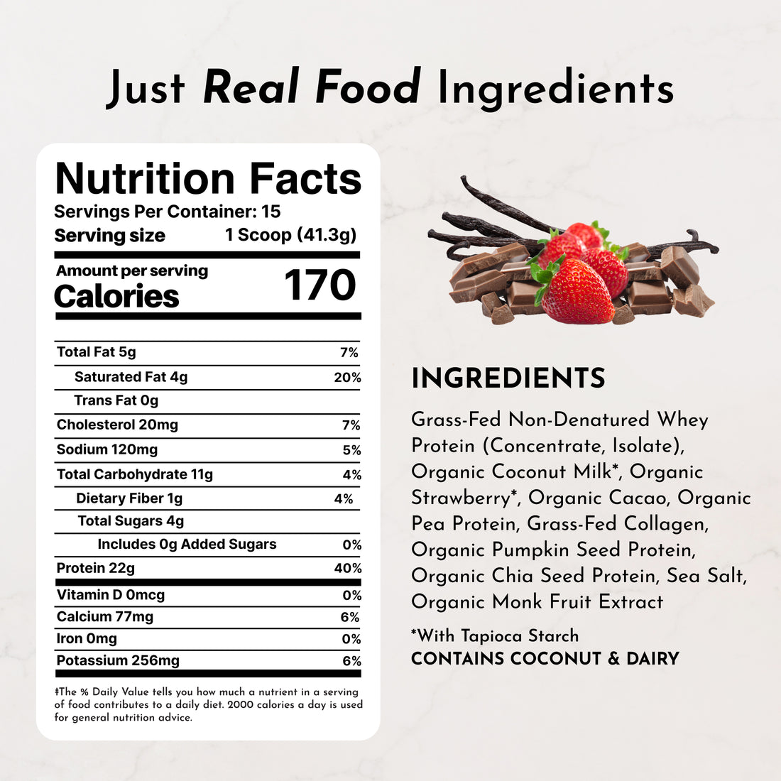 Nutrition facts label and ingredients list for Neapolitan protein powder alongside strawberries, vanilla beans and cacao.