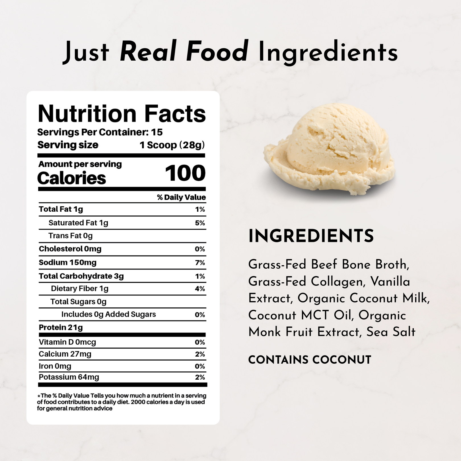 Nutrition facts label with serving size, calories, and ingredients for Toasted Vanilla Bone Broth Protein Powder.