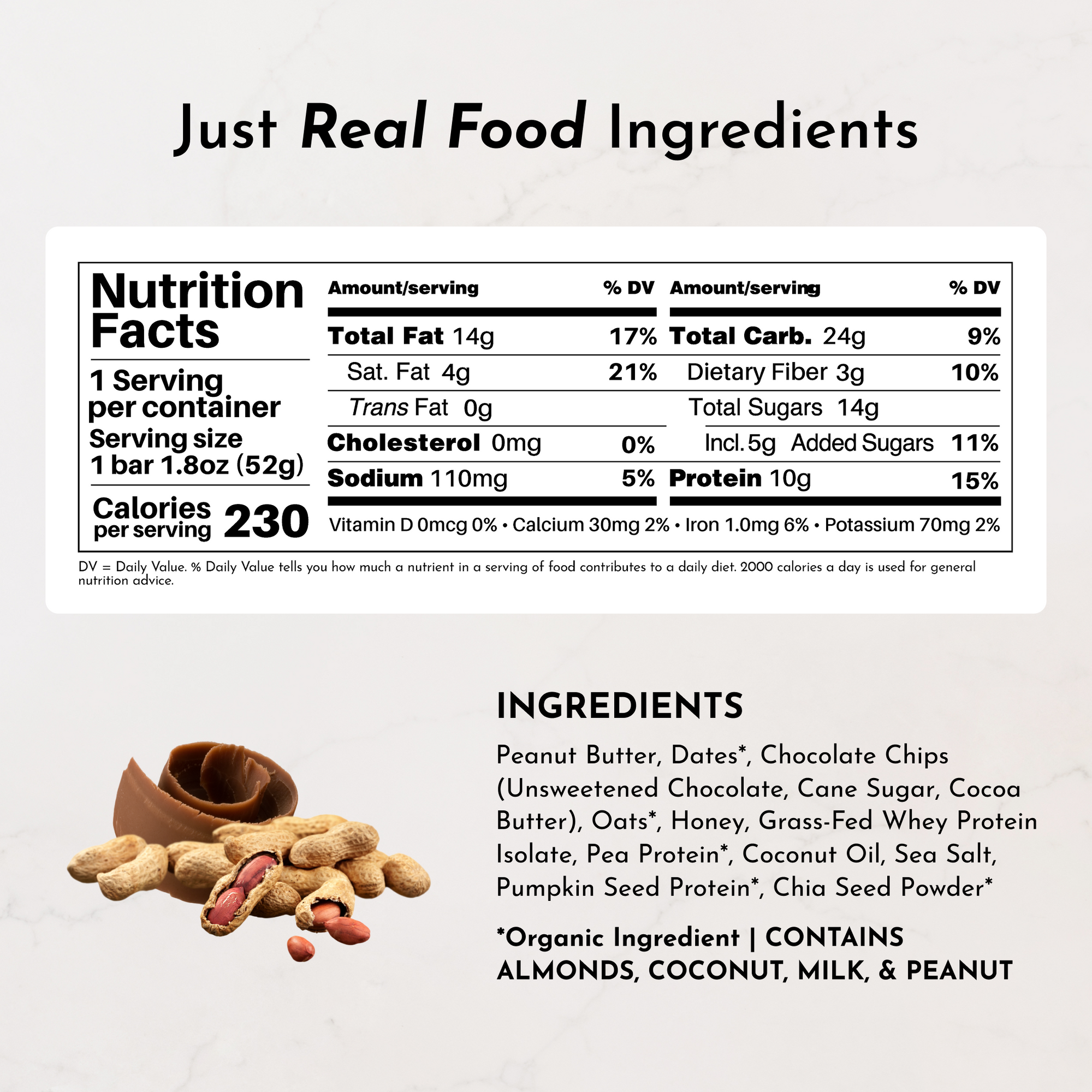 Nutrition facts label for a peanut butter chocolate chip protein snack bar, including ingredients and serving details.