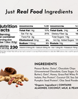 Nutrition facts label for a peanut butter chocolate chip protein snack bar, including ingredients and serving details.
