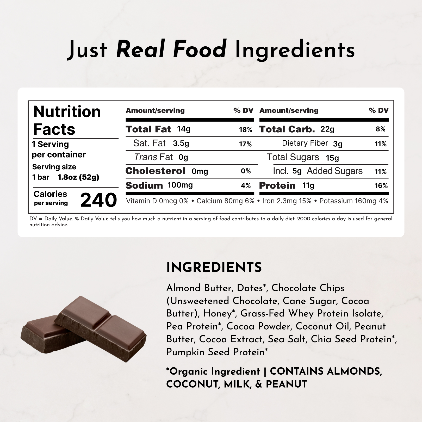 Nutrition facts and ingredients list for a chocolate chocolate chip protein snack bar.