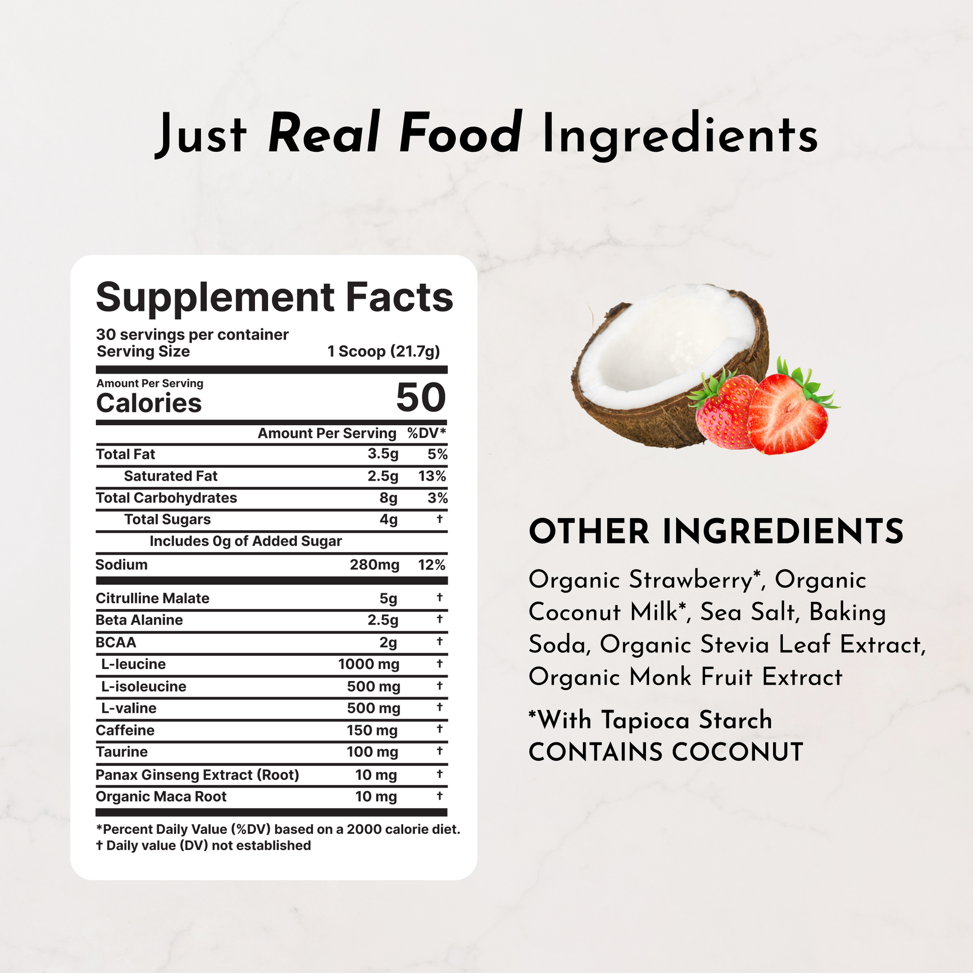 Supplement facts label detailing nutritional information and ingredients for Strawberry Colada Pre-Workout.