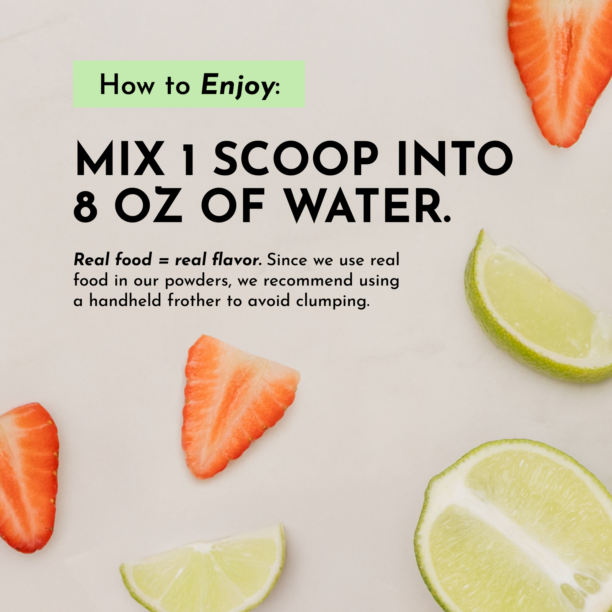 Strawberry slices and lime wedges arranged on white surface with preparation instructions.