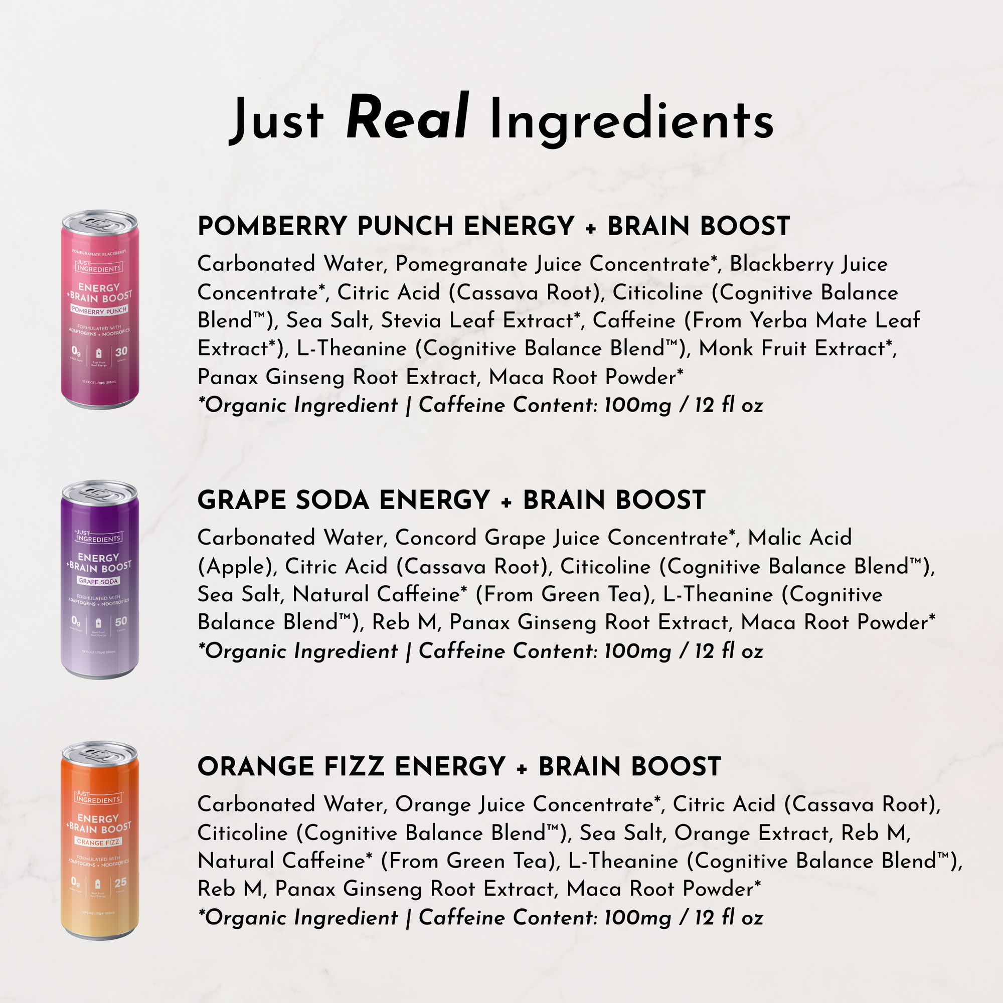 Variety pack of energy drinks with three flavors: Pomberry Punch, Grape Soda, and Orange Fizz, each 12 fl oz.