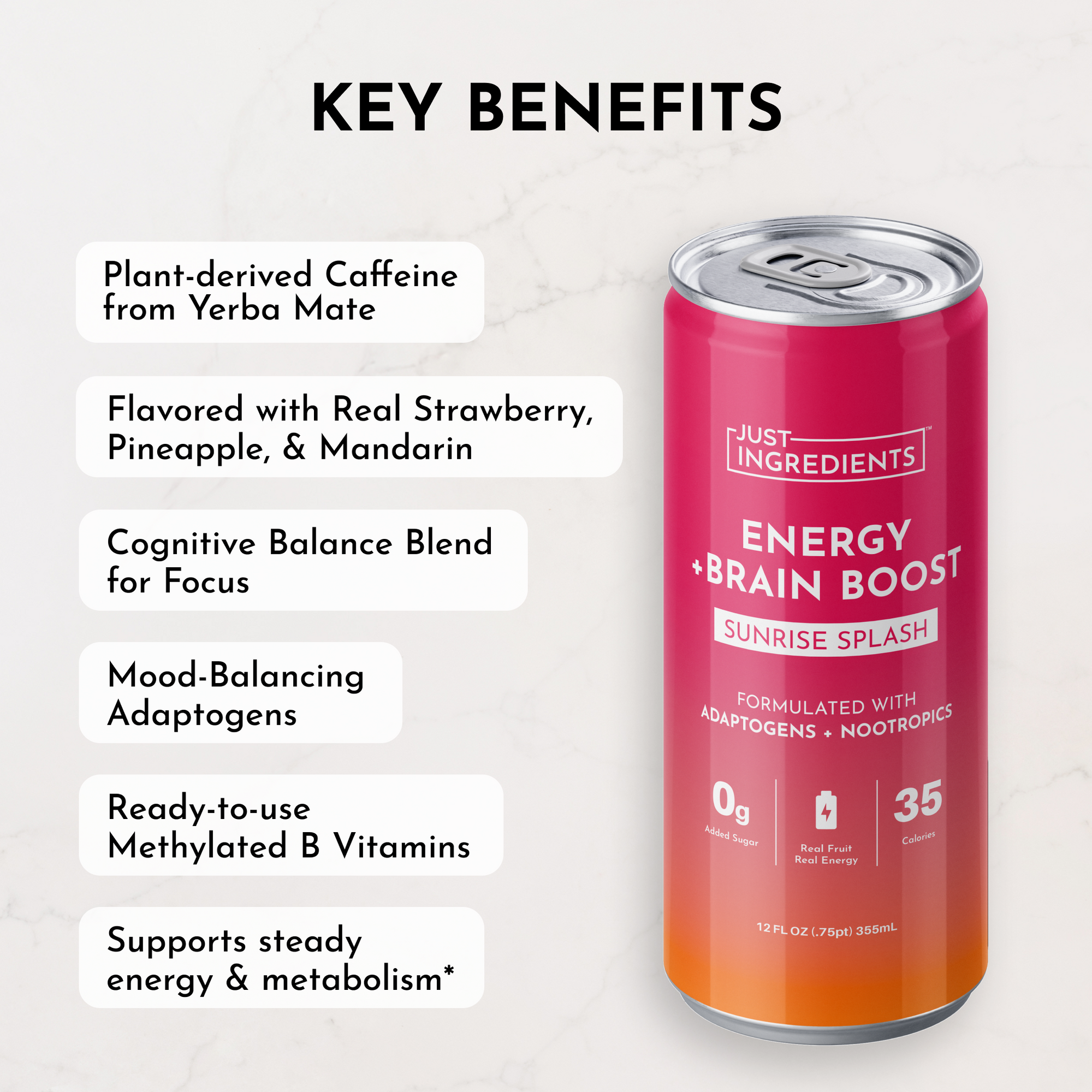 Can of "Sunrise Splash Energy + Brain Boost" featuring key benefits and flavors like strawberry, pineapple, and mandarin.