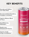 Can of "Sunrise Splash Energy + Brain Boost" featuring key benefits and flavors like strawberry, pineapple, and mandarin.