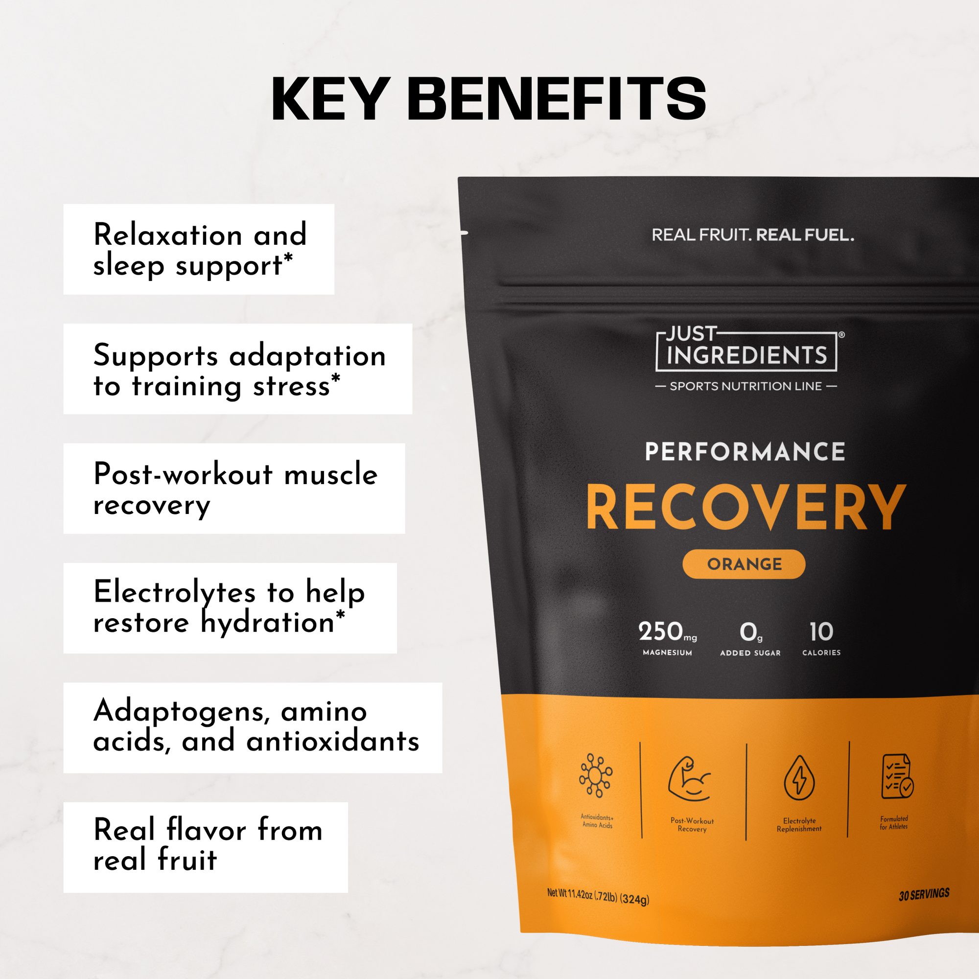 Black and orange sports recovery drink pouch labeled "Performance Recovery Orange" with ingredient benefits listed on left si