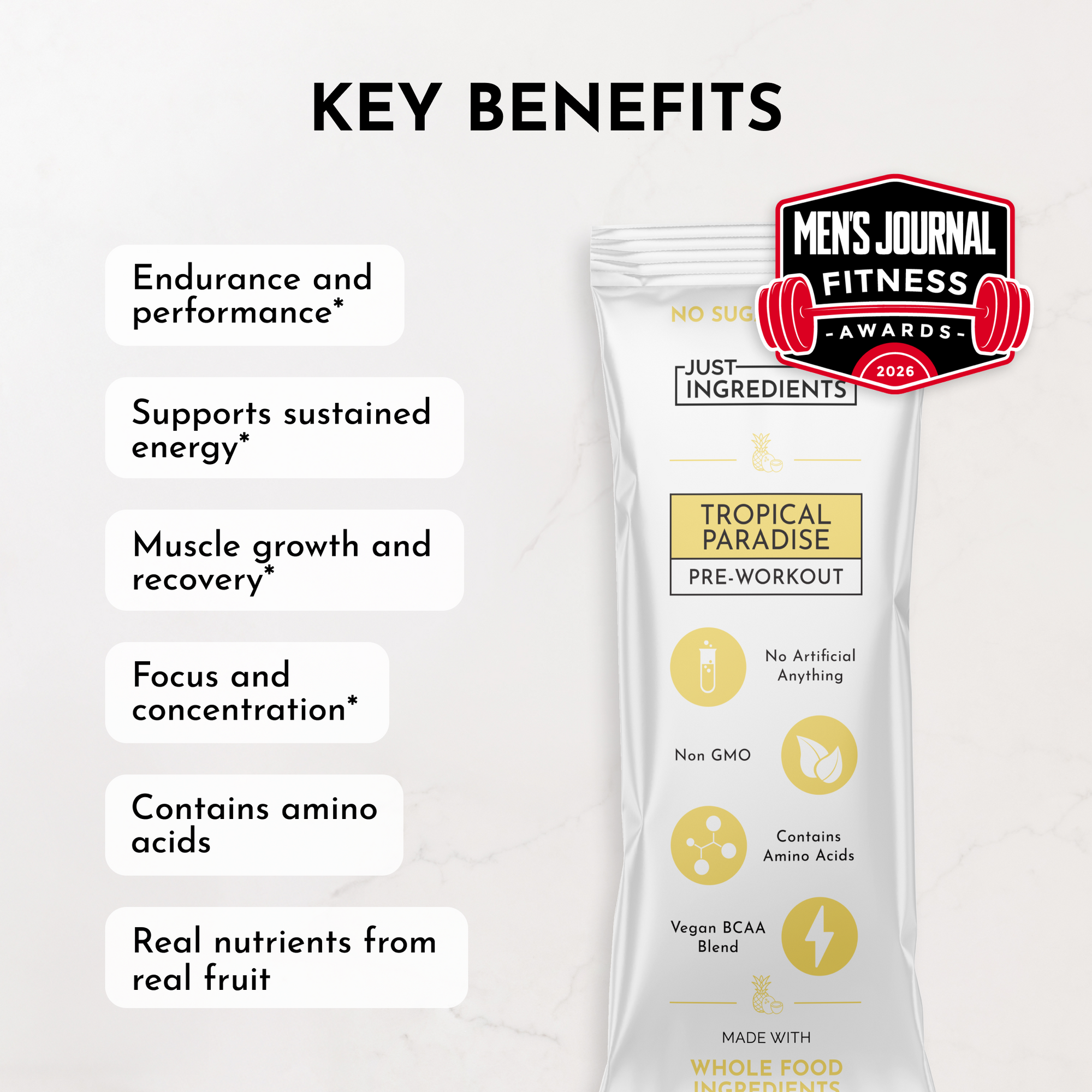 Pre-workout stick featuring key benefits like endurance, energy support, and real fruit nutrients.