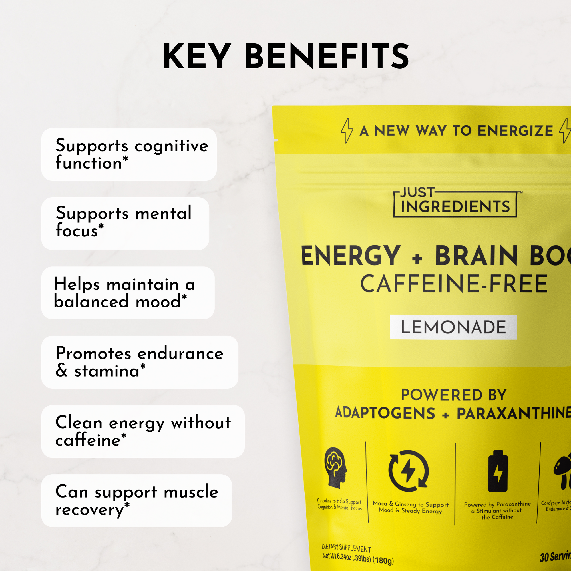 Yellow packaging of Energy + Brain Boost Lemonade with key benefits listed, including cognitive support and caffeine-free ene