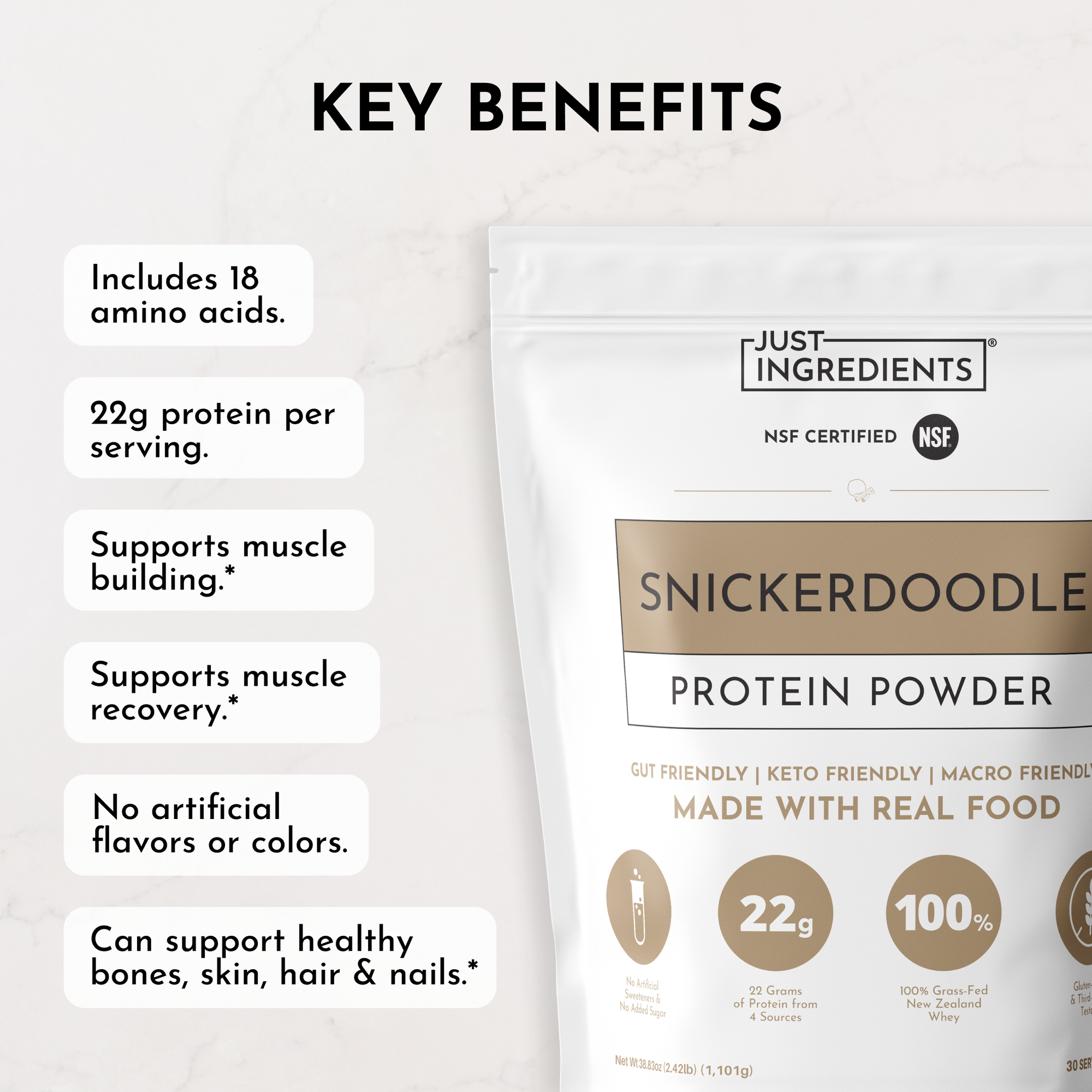 White pouch of snickerdoodle protein powder with tan label, featuring key benefits list and NSF certified badge on light back