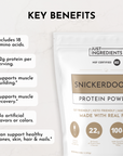 White pouch of snickerdoodle protein powder with tan label, featuring key benefits list and NSF certified badge on light back