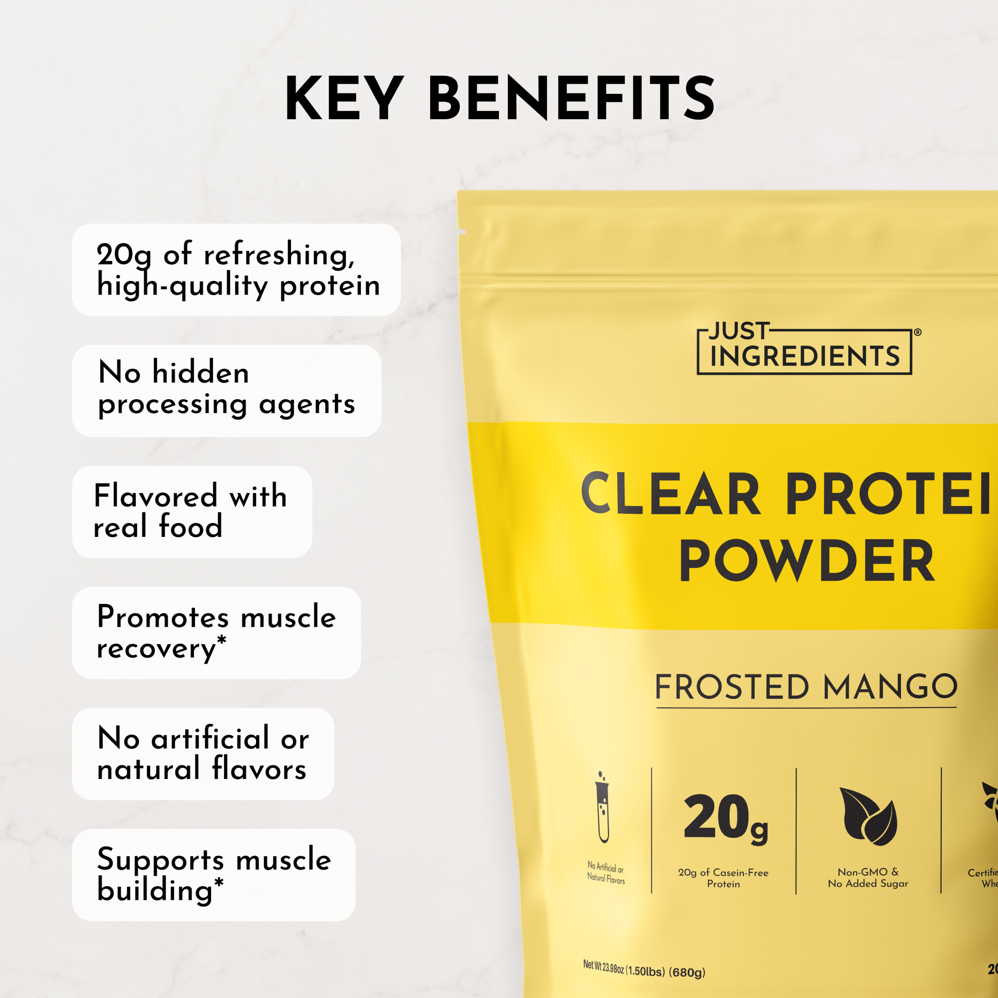 Yellow pouch of frosted mango clear protein powder with "Just Ingredients" branding and key benefits listed on left side.