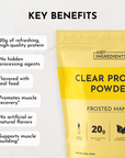 Yellow pouch of frosted mango clear protein powder with "Just Ingredients" branding and key benefits listed on left side.