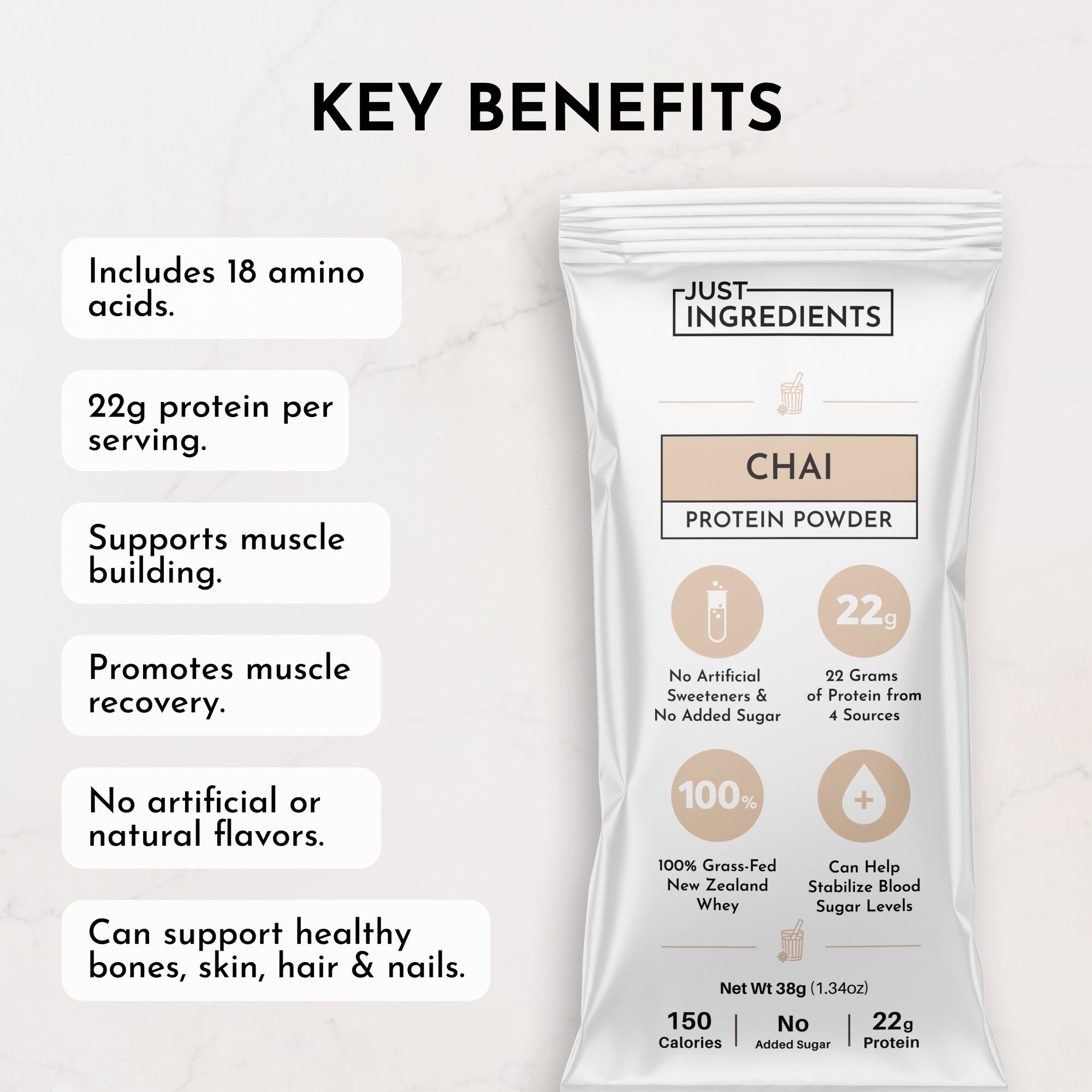 Chai protein powder stick with 22g protein, 18 amino acids, and no artificial flavors, promoting muscle recovery.