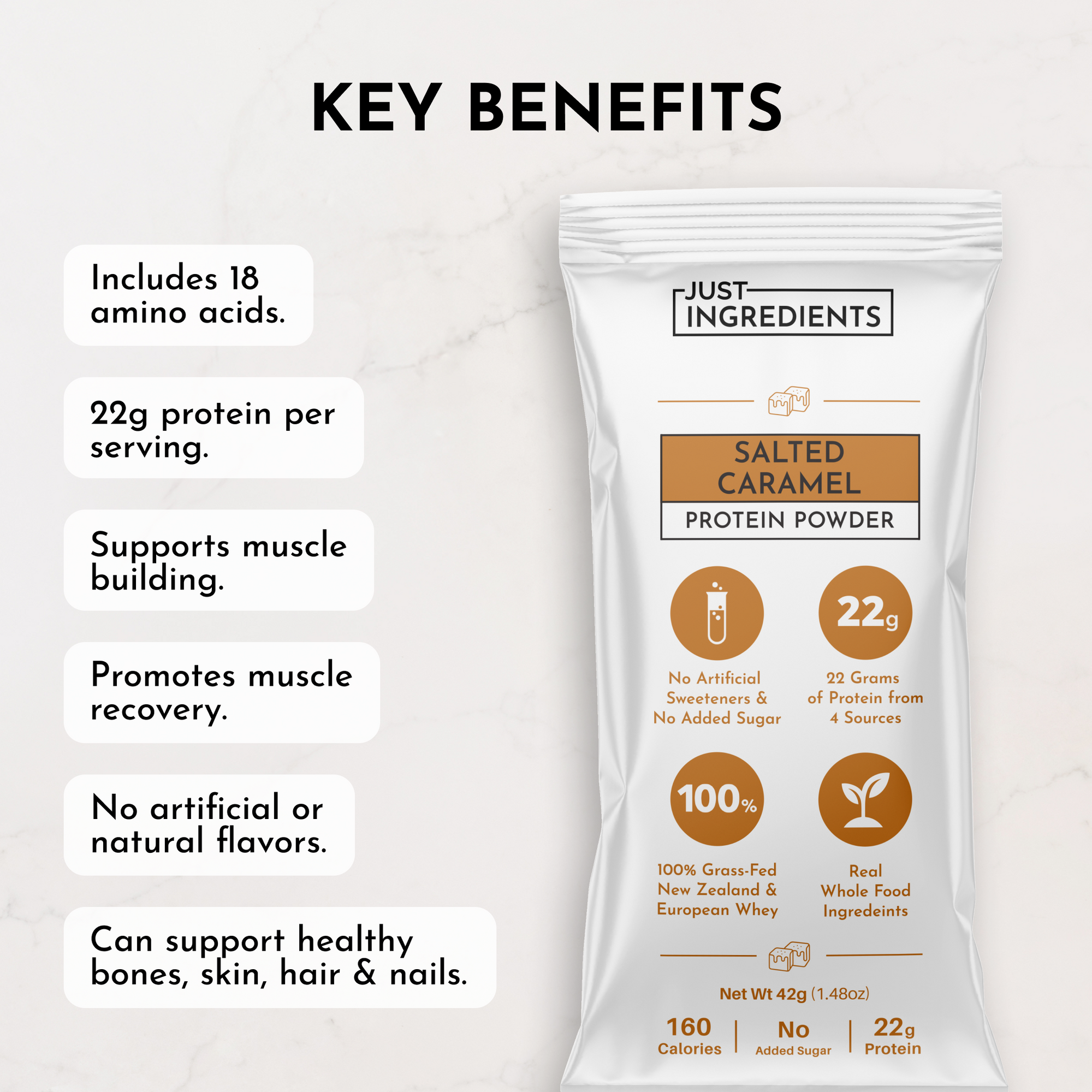 Protein powder stick with salted caramel flavor, 22g protein, and 18 amino acids per serving, promoting muscle recovery.