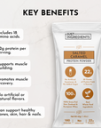 Protein powder stick with salted caramel flavor, 22g protein, and 18 amino acids per serving, promoting muscle recovery.