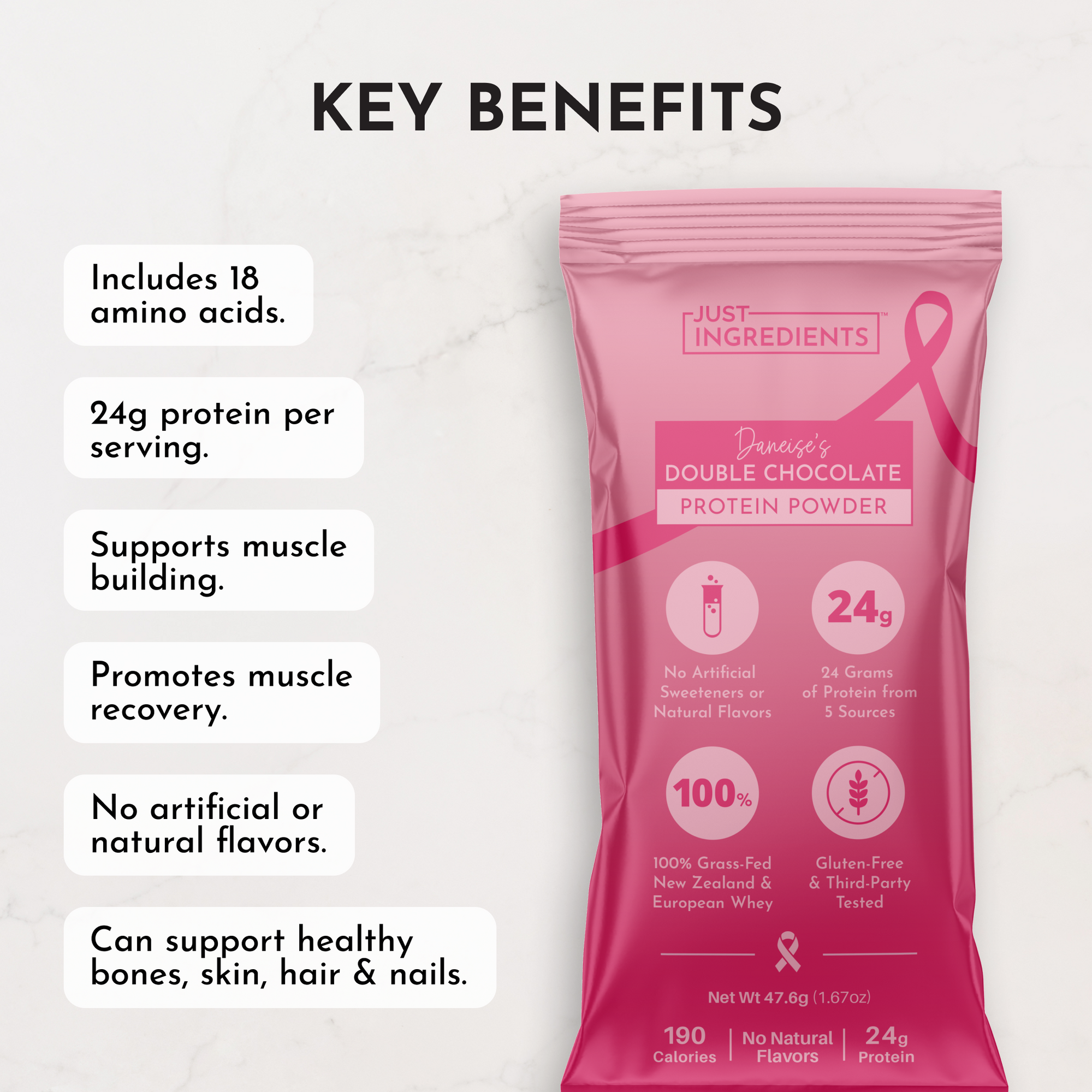 Pink packaging of Double Chocolate Protein Powder with nutritional benefits and key features listed.
