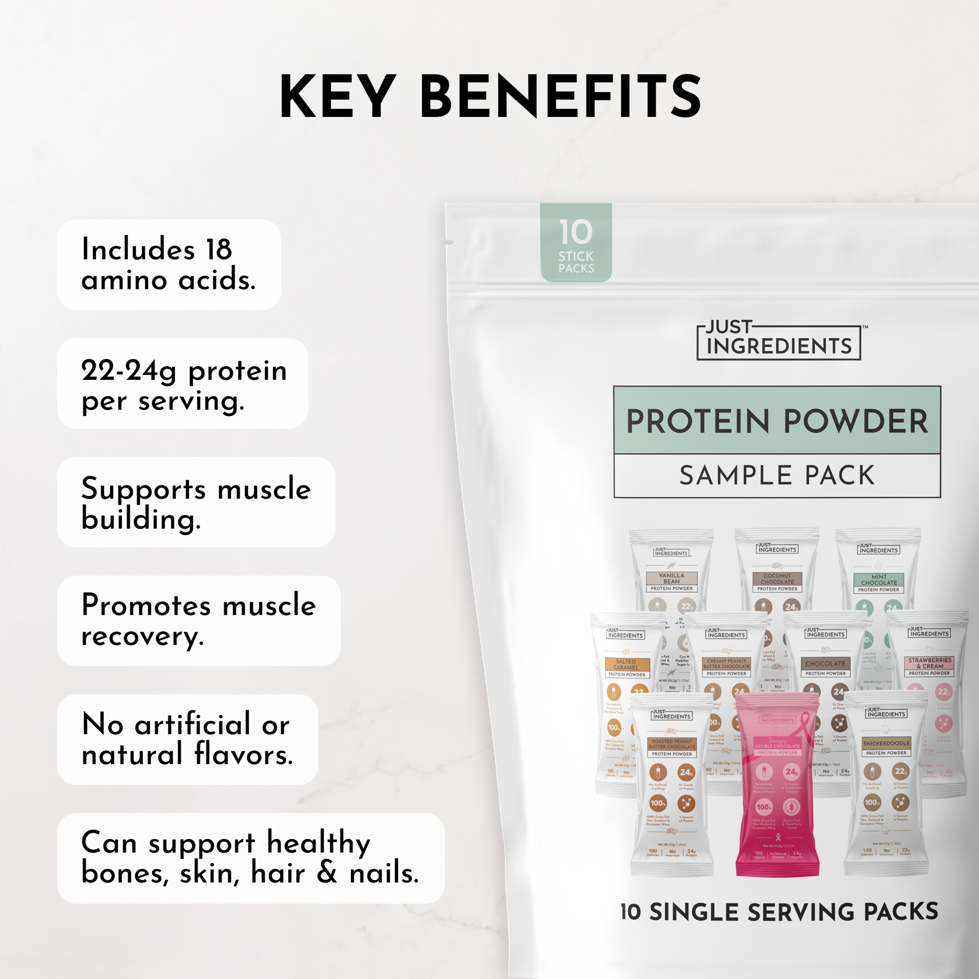 Sample pack of protein powder with 10 single-serving stick packs in various flavors.