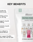 Sample pack of protein powder with 10 single-serving stick packs in various flavors.