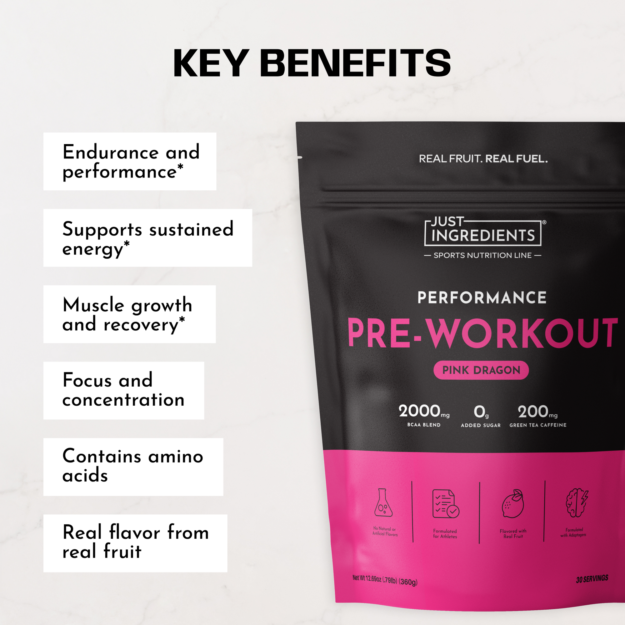 Black pouch of Pink Dragon Performance Pre-Workout powder with pink accents showing key benefits and ingredient information.