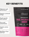 Black pouch of Pink Dragon Performance Pre-Workout powder with pink accents showing key benefits and ingredient information.