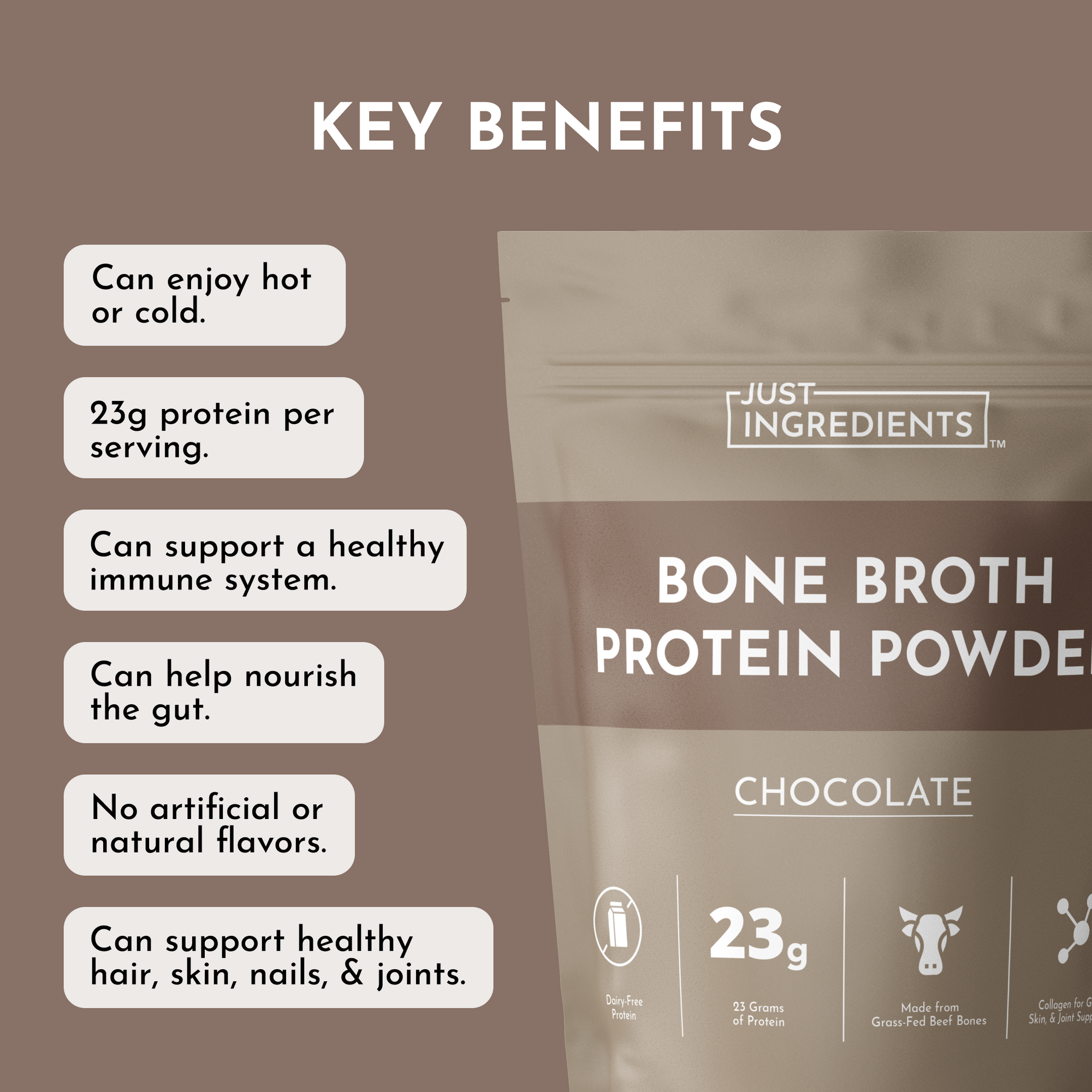 Just Ingredients Bone Broth Protein Powder packaging with key benefits listed.