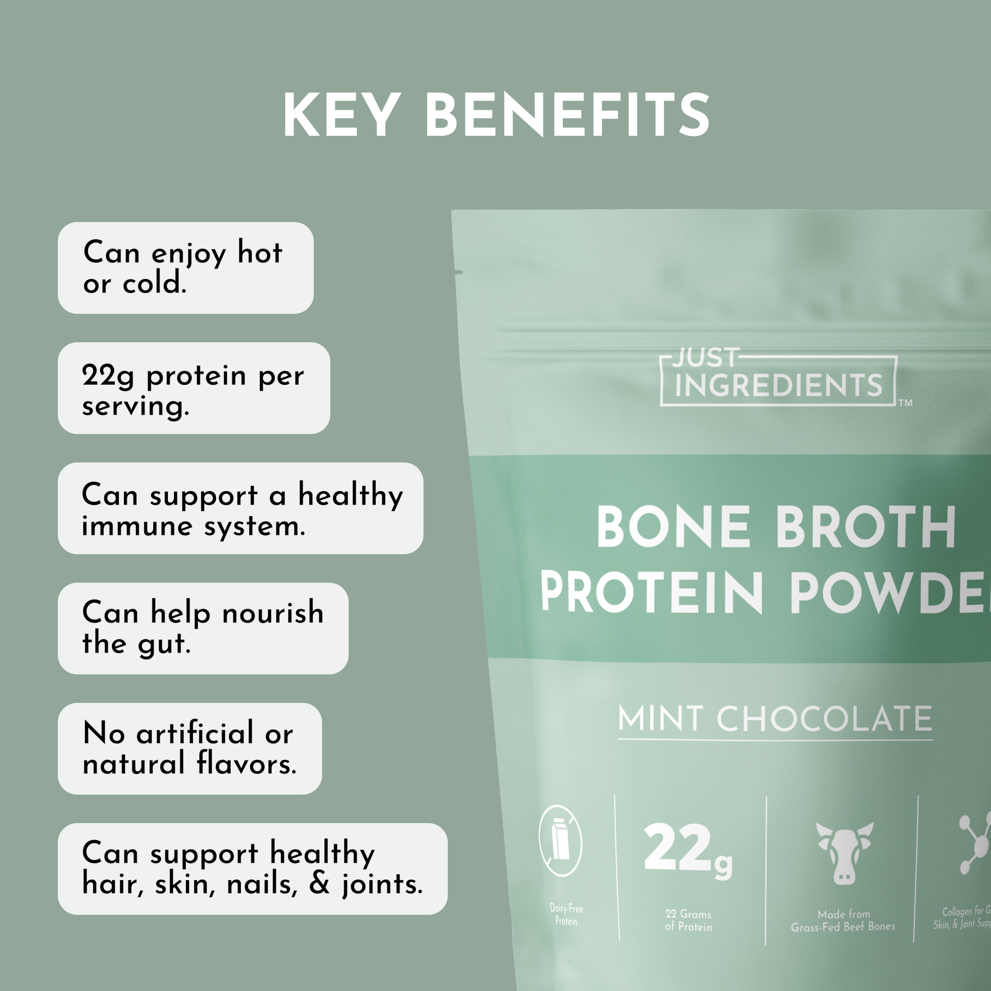 Just Ingredients Bone Broth Protein Powder package with key benefits listed on a green background