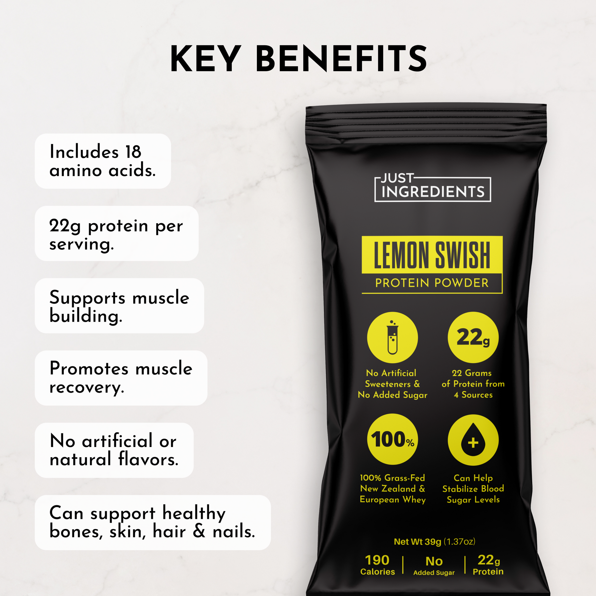 Black protein powder stick with yellow label, listing benefits and nutritional information on a light marble background.