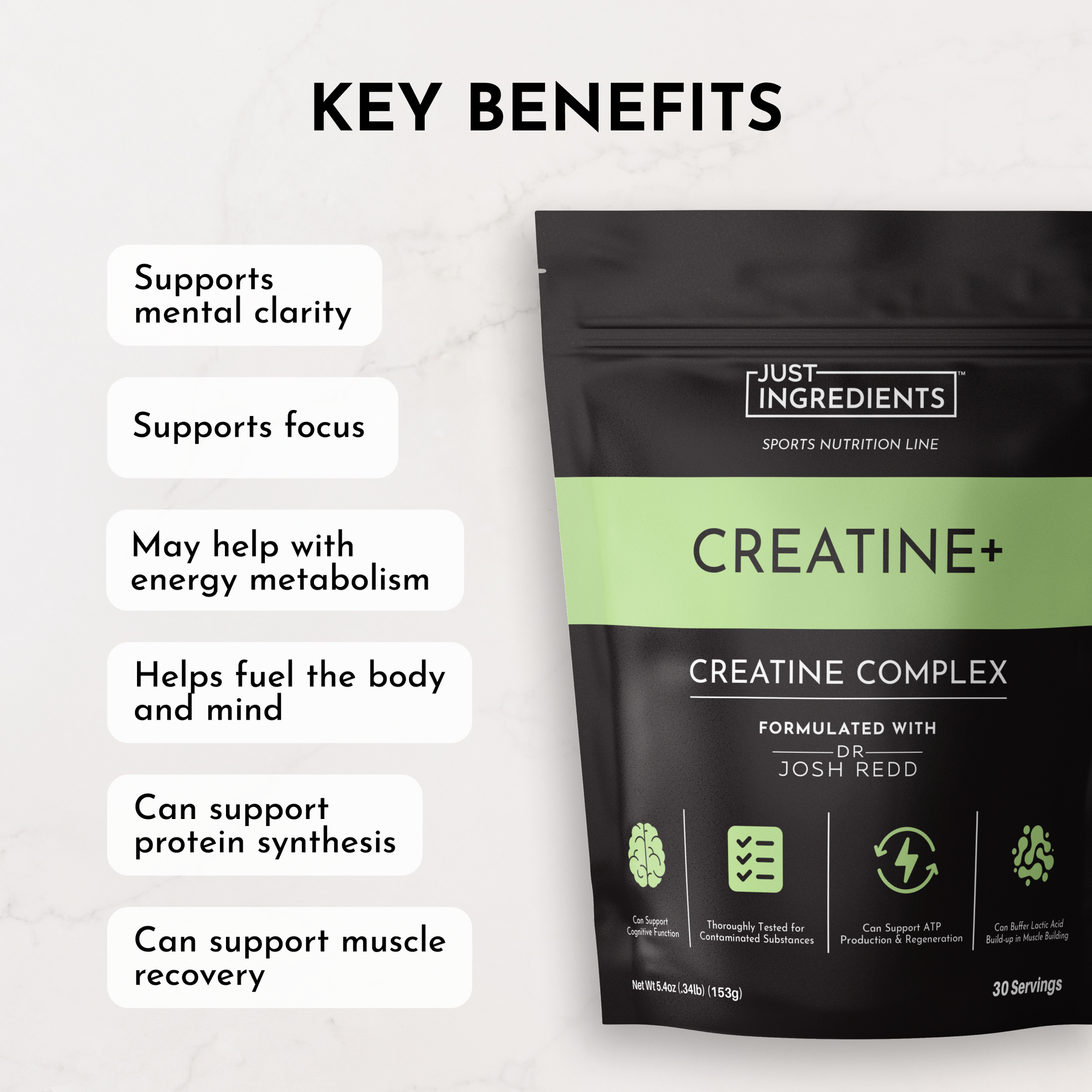 Black pouch labeled "Creatine+" with key benefits listed, including support for mental clarity and muscle recovery.