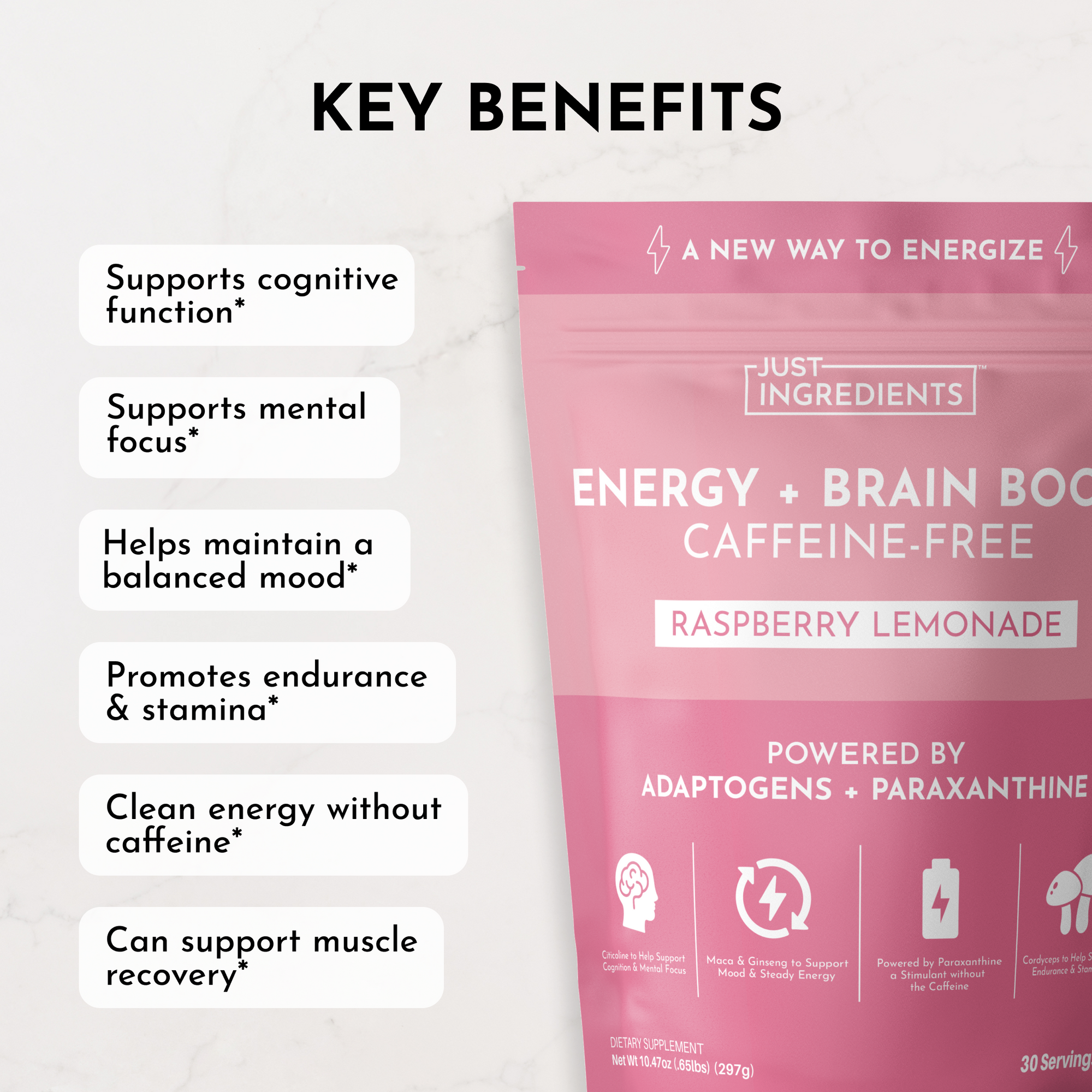 Pink pouch labeled "Energy + Brain Boost Raspberry Lemonade," highlighting key benefits and ingredients.