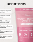 Pink pouch labeled "Energy + Brain Boost Raspberry Lemonade," highlighting key benefits and ingredients.