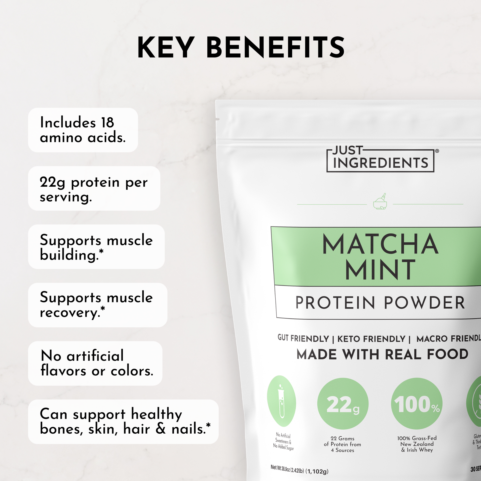 Matcha Mint Protein Powder pouch displaying green and white packaging with ingredient list and nutritional information.