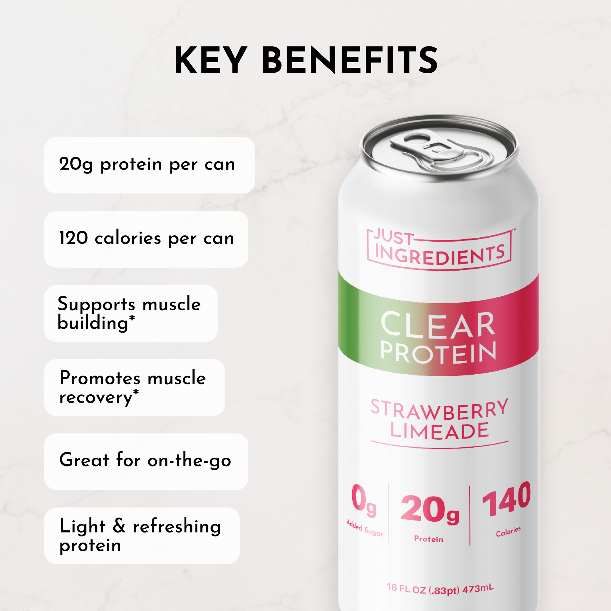 Clear protein drink can featuring strawberry limeade flavor, with 20g protein and 120 calories per serving.